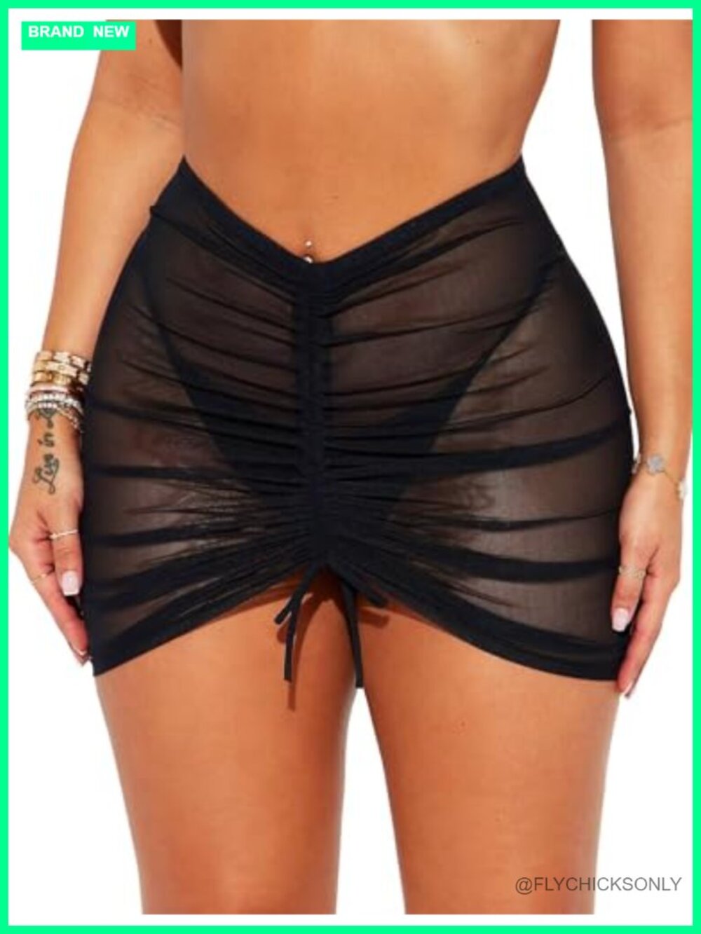 Mesh Sheer Drawstring Swim Skirt Cover Up Sheer Sarong Ruched Beach Wrap